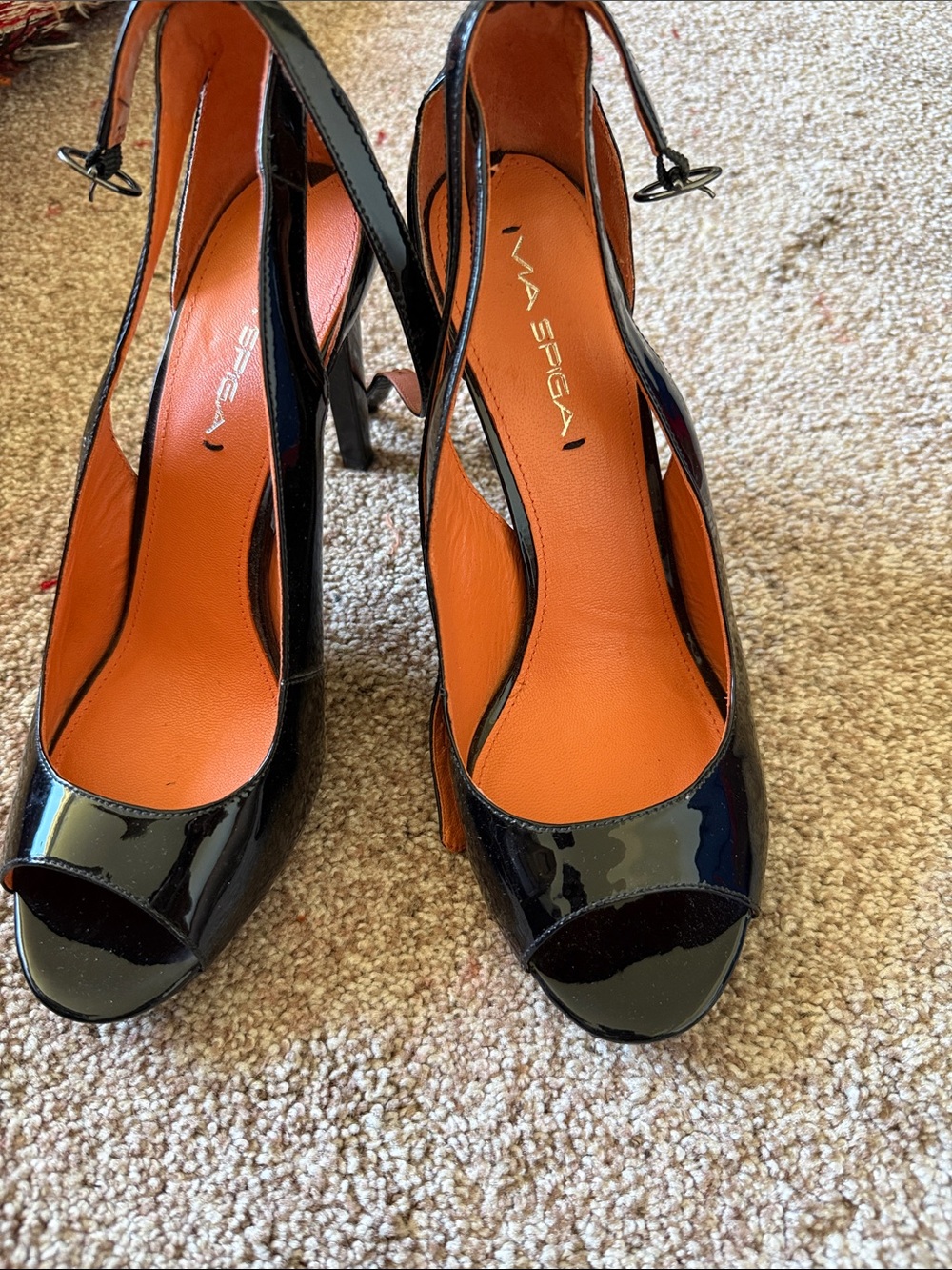 Via Spiga Black Patent Peep-Toe Slingback Heels with Orange Insole
